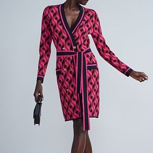 🎀 NY & CO | Barbie Pink Cozy Knit Geometric-Print Sweater Dress - EUC | Size L